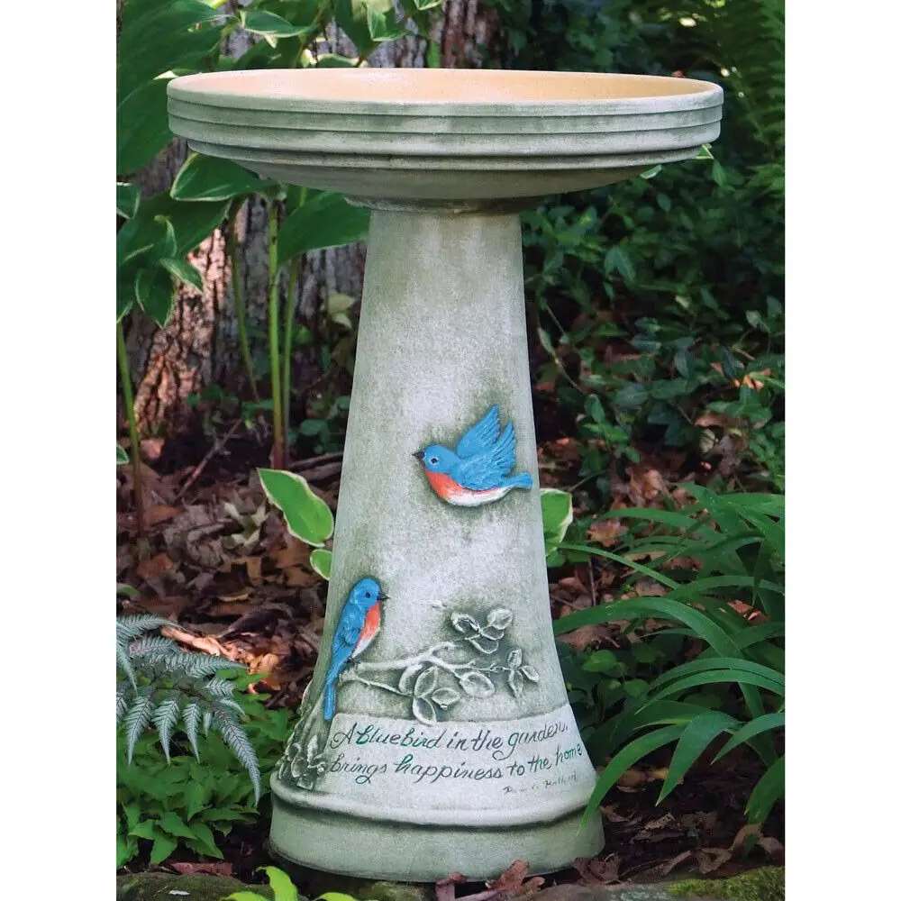 Bird Choice Blue Birds Handpainted Clay Birds Bath in Gray Blue